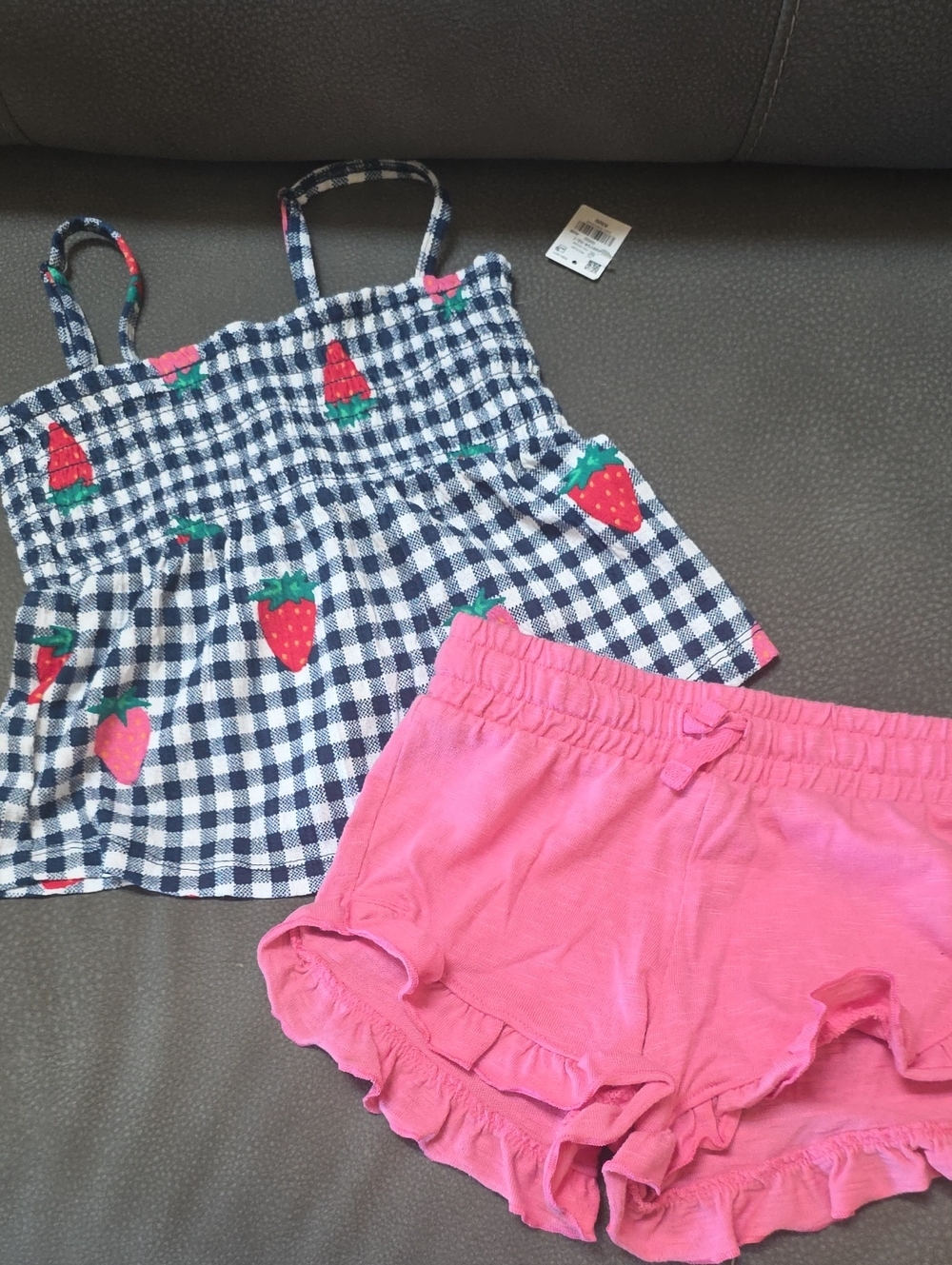 Old Navy Navy Gingham Strawberry Print Tank with Pink Ruffle Shorts